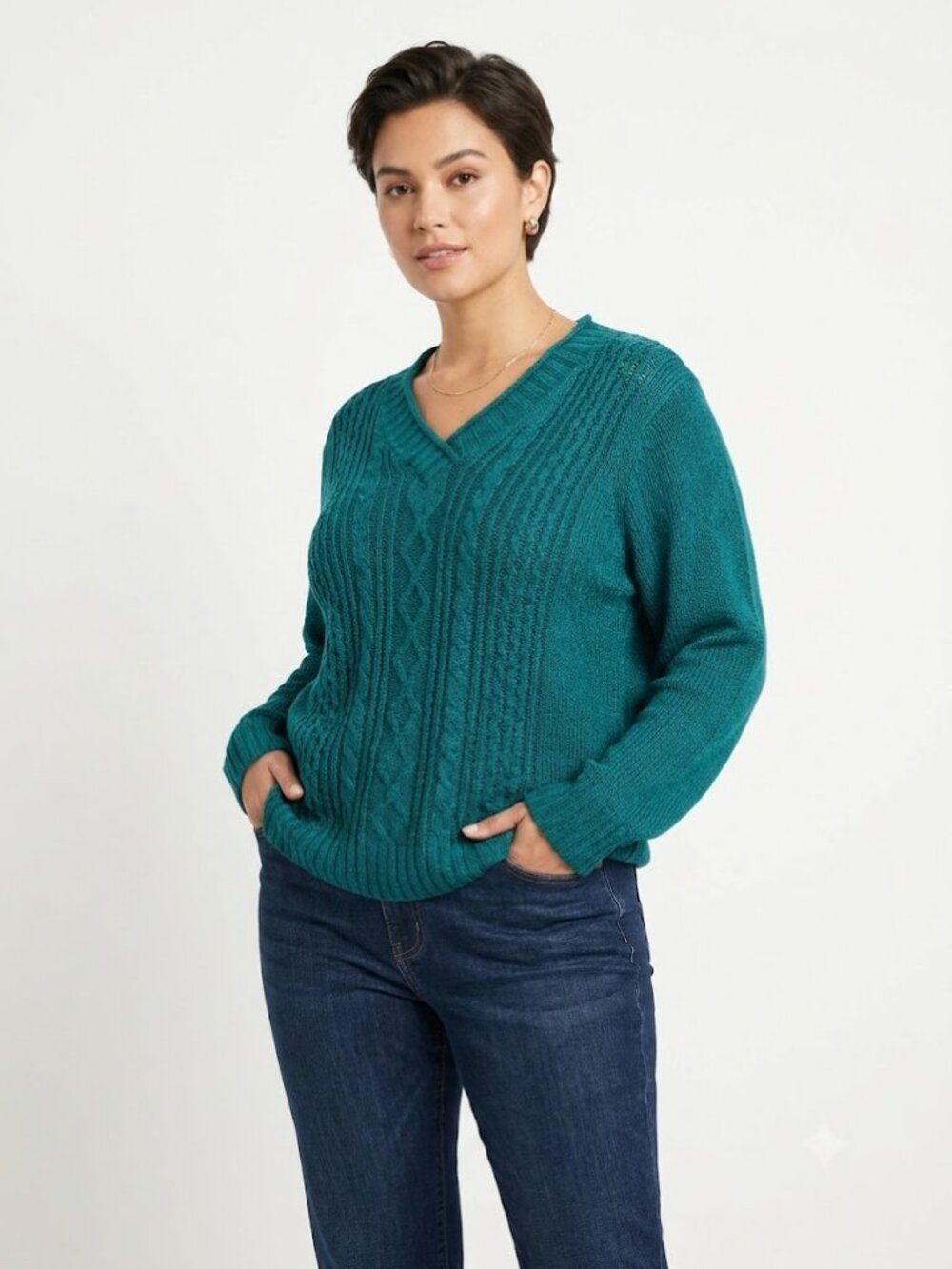 Riders by Lee Teal Cable-Knit V-Neck Sweater Long Sleeve Size 3X